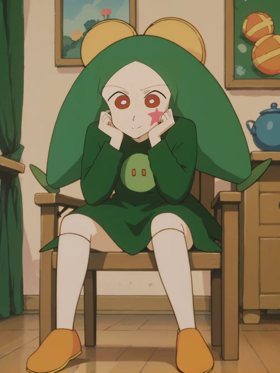 score_9, score_8_up, score_7_up, score_6_up, score_5_up, score_4_up,source_anime,anime screencap,uncensored,1girl,child,flat chested,BREAK
<lora:topema_v1:1> toppemampt, red eyes, green hair, colored skin, facepaint, green shirt, green dress,shoes,long sleeves,living room, light_smile,sitting on chair, looking at viewer, head rest,desk, (confused:0.8)