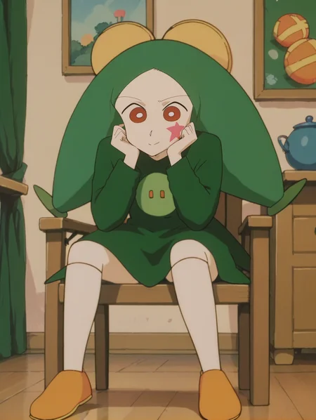 score_9, score_8_up, score_7_up, score_6_up, score_5_up, score_4_up,source_anime,anime screencap,uncensored,1girl,child,flat chested,BREAK
<lora:topema_v1:1> toppemampt, red eyes, green hair, colored skin, facepaint, green shirt, green dress,shoes,long sleeves,living room, light_smile,sitting on chair, looking at viewer, head rest,desk, (confused:0.8)
