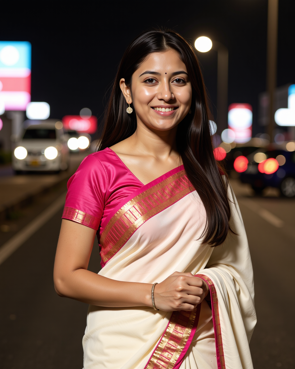 nightime photo of a well dressed desimocha lady, wearing a light colored Bomkai Saree (Odisha traditional saree), happy and smiling, solo focus, bright and colorful atmosphere of city light in background bokeh<lora:TestBed\DesiCoffee_Trial_Flux_LoRA_V1.safetensors:2.0:2.0>