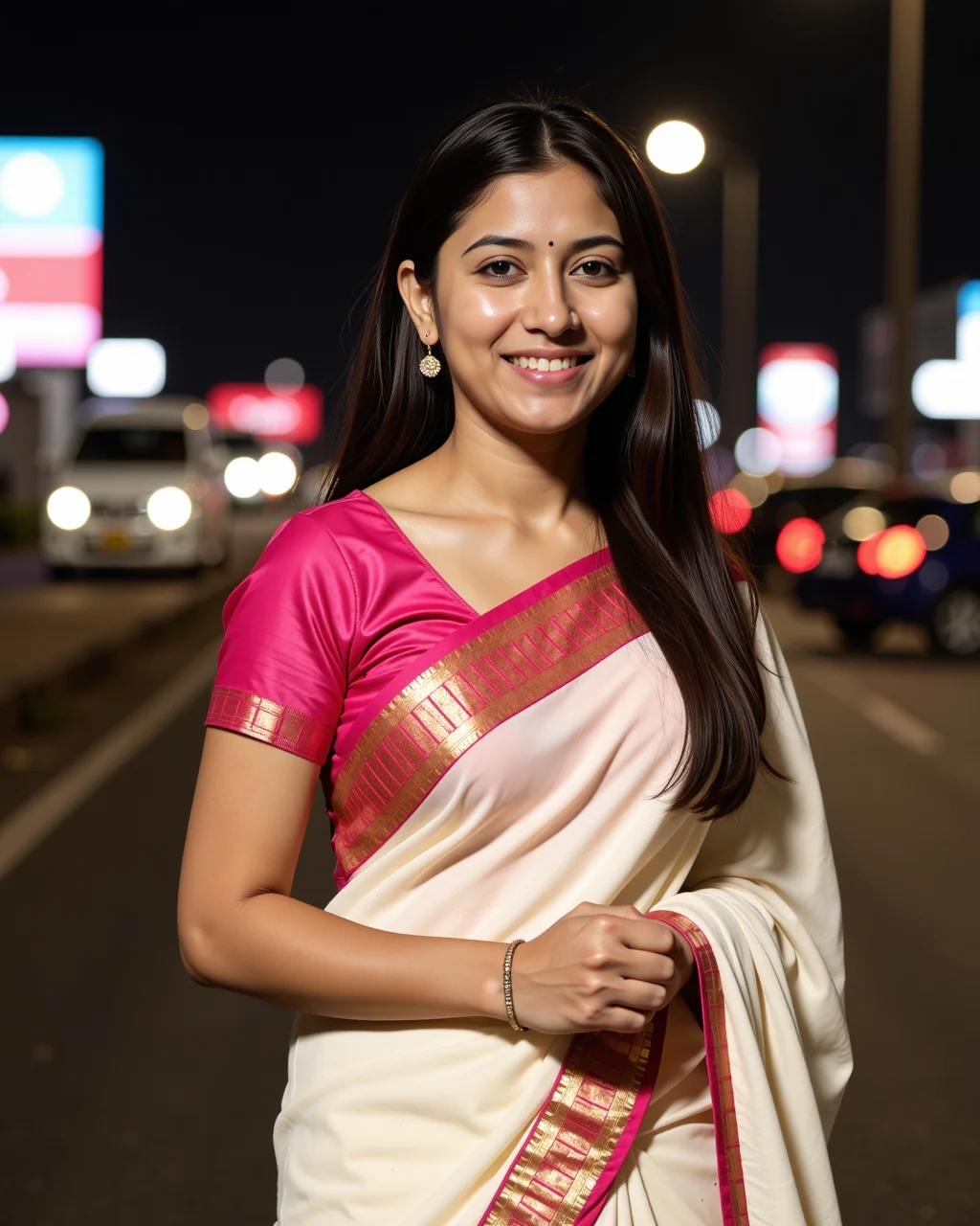 nightime photo of a well dressed desimocha lady, wearing a light colored Bomkai Saree (Odisha traditional saree), happy and smiling, solo focus, bright and colorful atmosphere of city light in background bokeh<lora:TestBed\DesiCoffee_Trial_Flux_LoRA_V1.safetensors:2.0:2.0>