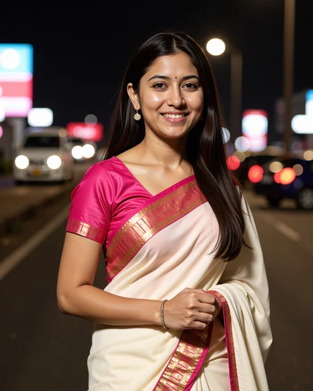 nightime photo of a well dressed desimocha lady, wearing a light colored Bomkai Saree (Odisha traditional saree), happy and smiling, solo focus, bright and colorful atmosphere of city light in background bokeh<lora:TestBed\DesiCoffee_Trial_Flux_LoRA_V1.safetensors:2.0:2.0>