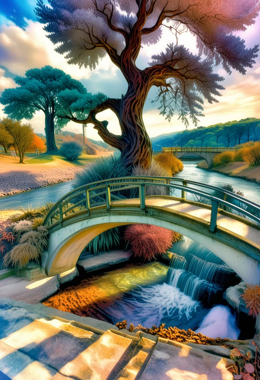 <lora:psychedelic_dream_sdxl_v1:1.0>, psychedelic_dream, a bridge over a river with a tree in the middle of the bridge is a bridge that leads to a small waterfall in the background is a, Maintain identical subject placement, camera angle, framing, and perspective.
Using this elegant style, maintaining the same refined quality and soft color tones, cinematic lighting, award winning, Realistic, HDR