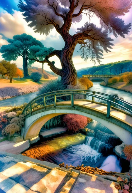 <lora:psychedelic_dream_sdxl_v1:1.0>, psychedelic_dream, a bridge over a river with a tree in the middle of the bridge is a bridge that leads to a small waterfall in the background is a, Maintain identical subject placement, camera angle, framing, and perspective.
Using this elegant style, maintaining the same refined quality and soft color tones, cinematic lighting, award winning, Realistic, HDR