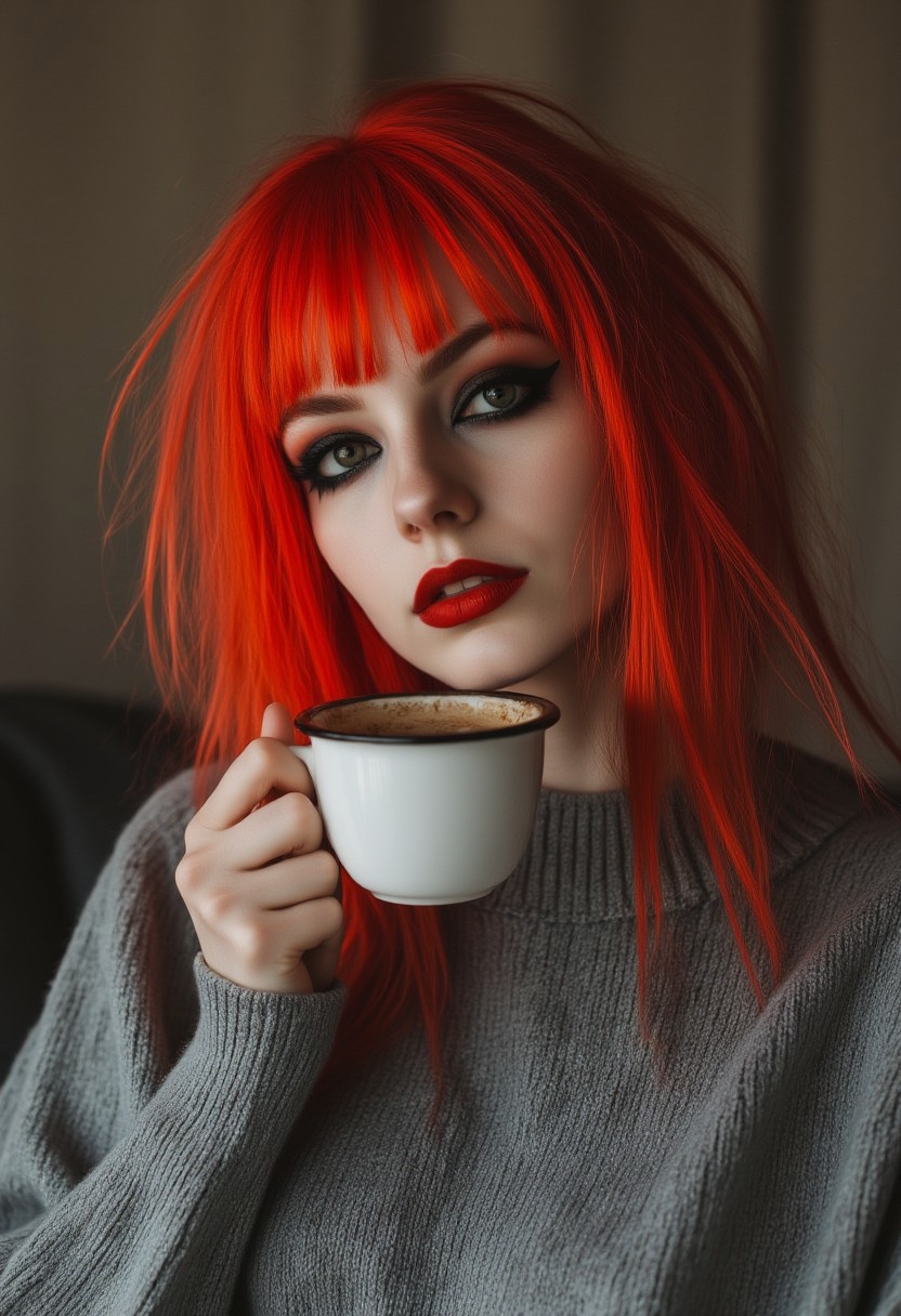 FictionalEmber,bright red hair,heavy black eye makeup and intense red lips. In a comfy wool sweater holding coffee