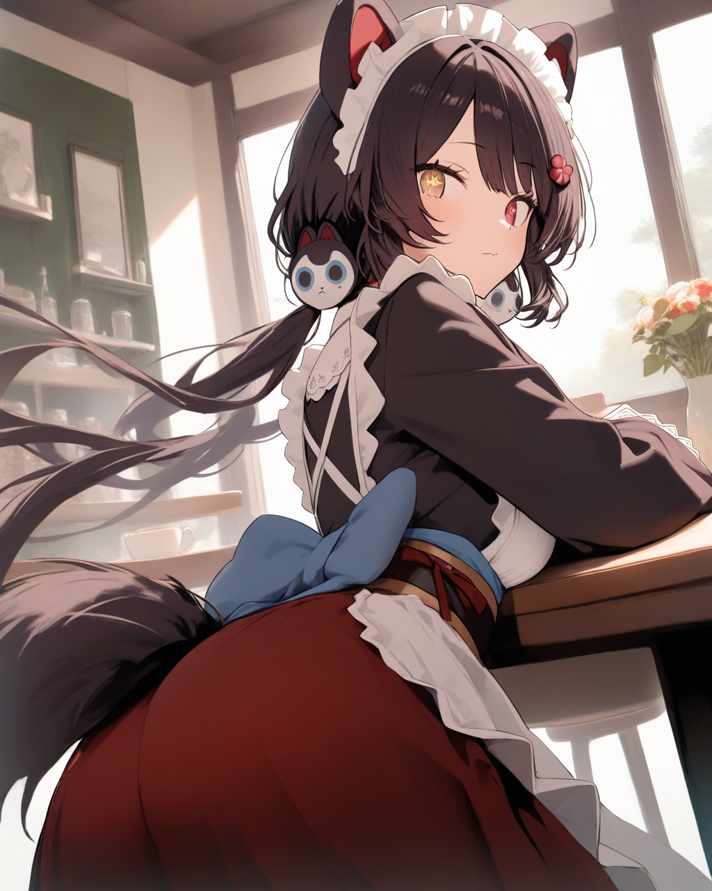 1girl, InuiTokoNijisanji, 
safe, solo, dynamic angle, from behind, upper body,
looking back, surprise, ass, dog tail,
maid headdress,
low twintails, hair ornament,
black kimono,
long sleeves, maid apron, red skirt,
indoors, caffe, table, counter,
<lora:kp_InuiTokoNijisanjiAnimagineXL_v1_1:1.0>,
masterpiece, high score, great score, absurdres