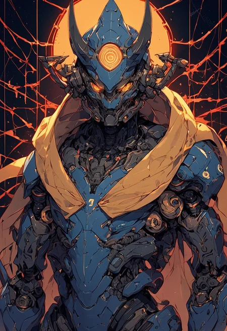 score_9,score_8_up,score_7_up, solo, 1man, upper body, midnight blue armor, simple neon background, no humans, glowing, glowing yellow eyes, (8 eyes), spider eyes, helmet, devil horns, robot, insectoid, mecha, oni-demon, golden cloak, heavy weaponized, samurai, katana blade, (6 limbs), science fiction, cyborg, mechanical parts, humanoid robot, bulky, science fiction, sinozick style, flat color, dark theme, cowboy shot, Expressiveh