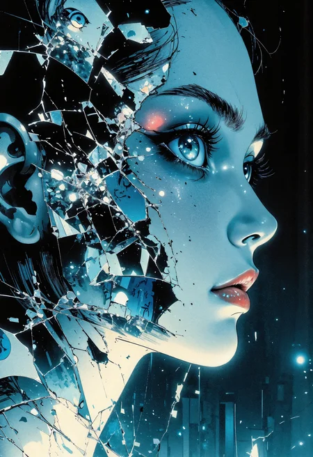 (in Otomo Katsuhiro style:1.2), masterpiece, high-quality, A woman gazing into a mirror that shatters into pieces, each fragment reflecting a different moment of her life, faint images emerge in each shard suspended in a timeless haze, Style is Surrealist realism with high-reflection detail, micro-moments in glass, soft fragmented lighting, introspective mood, (elaborate fine details:1.1), (hyperdetailed:1.1), (intricate details:1.0), (Refined details:1.1), (best quality:1.1), (high resolution:1.2)