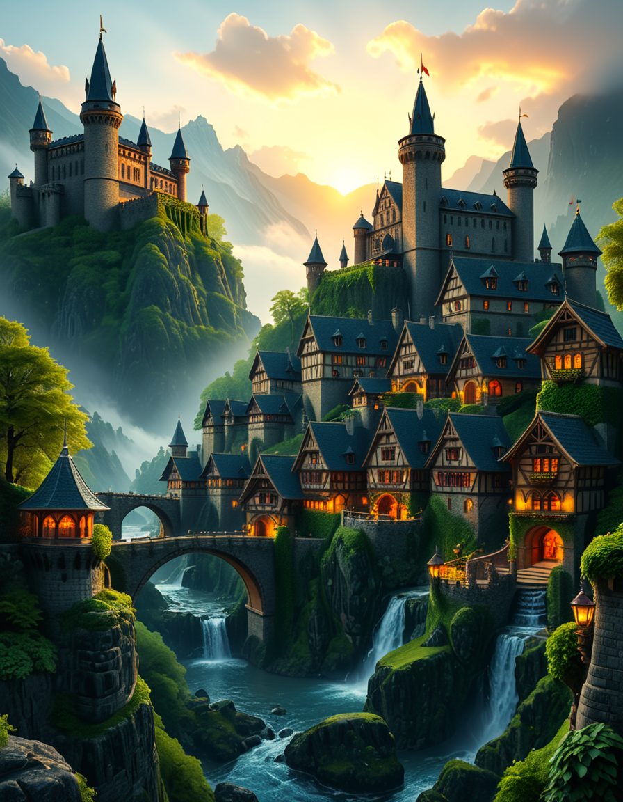 A breathtaking medieval fantasy city nestled in a lush valley, surrounded by towering mountains and dense forests. A grand castle with multiple towers and turrets stands atop a hill, overlooking the town below. The city consists of charming half-timbered houses with glowing windows, perched on rocky cliffs and connected by stone bridges over cascading waterfalls. The river flows through the village, reflecting the warm golden lights of lanterns and torches. Ivy and moss grow over the stone walls, adding to the enchanted, ancient atmosphere. The background features misty mountains with additional fortresses and watchtowers, partially hidden by low-hanging clouds. The sky is illuminated by a soft, warm sunset, casting a golden glow on the scenery, creating a perfect blend of realism and fantasy. Highly detailed, cinematic, and immersive, with a magical, fairy-tale ambiance.
<lora:SDXLFaeTastic2400:0.4> <lora:extremely_detailed:0.4> extremely detailed, <lora:medieval_f4nt4sy_c1ty:1>,medieval f4nt4sy c1ty, Masterpiece,best quality,hi res,8k,hi res,8k,award winning,(sharp focus, intricate, highly detailed),