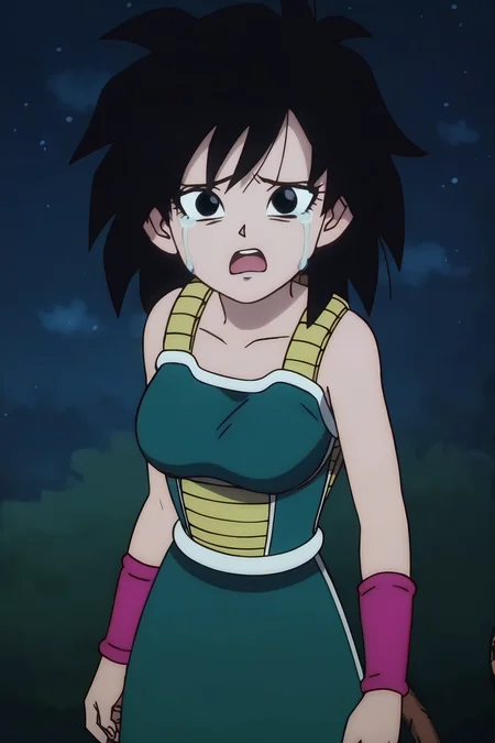 source_anime, score_9, score_8_up, score_7_up, anime screencap, absurd res, official style,
1girl, solo, breasts, looking at viewer, open mouth, night, black hair, tears, bare shoulders, medium breasts, collarbone, upper body, teeth, black eyes, pink wristband, clenched hands, d:, saiyan armor, green skirt, eyelashes, eyebrows, green saiyan armor, white trim
 <lora:gine_pony_v4:0.8>