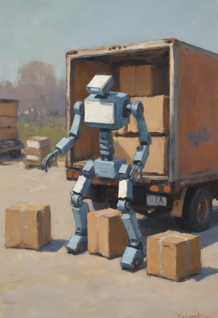 impressionist painting of a gangly robot with extra limbs unloading boxes from the back of a truck