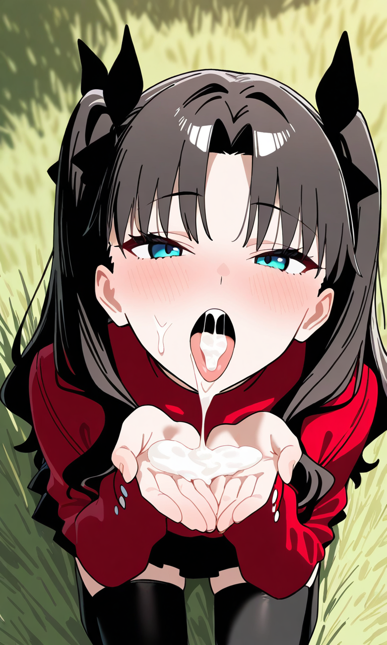 masterpiece, best quality, high resolution, absurdres, 1girl, tohsaka_rin, blue_eyes, black_hair, long_hair, two_side_up, hair_ribbon, black_ribbon, red_sweater, turtleneck_sweater, long_sleeves, pleated_skirt, miniskirt, black_skirt, black_thighhighs, grass, outdoors, sky, looking_at_viewer, after_fellatio, (facial), (cum_on_face), cum_in_mouth, open_mouth, tongue_out, pov, from_above, cupping_hands, cum_on_hands, kneeling