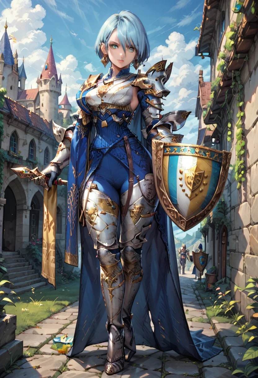 score_9, score_8_up, score_7_up,perfect eyes,1girl ,short hair,shield, earrings, jewelry, blue hair, blue eyes, looking at viewer, shoulder armor, holding, high heels, greaves, knight, raviesse, outside a castle,sky