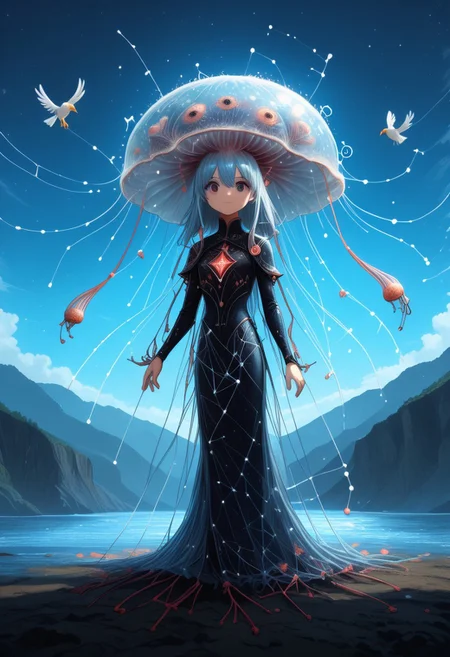 masterpiece, best quality, good quality, very awa, newest, highres, absurdres, ,score_9, score_8_up, score_7_up,
Giant translucent jellyfish drifting through the clouds, soft bioluminescent glow illuminating the mist, with tiny birds perched on its tendrils
<lora:illustriousXL_stabilizer_v1.23:0.3> <lora:NOOB_vp1_detailer_by_volnovik_v1:0.3> <lora:ponyv6_noobE11_2_adamW-000017:0.3> <lora:114558v4df2fsdf5:0.7> <lora:mon_monmon2133:0.6>