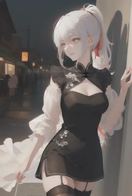art by Cornflower, dreamy,(masterpiece,best quality,1girl,Amazing,beautiful detailed eyes,finely detail,Depth of field,extremely detailed CG,original, extremely detailed wallpaper,china town,bent over,black_thighhighs,china dress,red eye,white hair,outstretched arm,ponytail,light smile,sideways glance,),((best quality, masterpiece, illustration, an extremely delicate and beautiful, extremely detailed ,CG ,unity ,wallpaper,photorealistc, masterpiece, 4k, 8k, highres)), beautiful background,
<hypernet:Cornflower_Phantom:0.5> , <lora:kdllorav15:0.1>