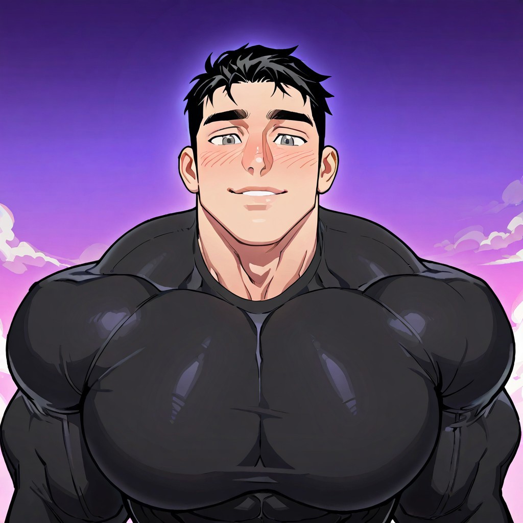 1male focus, Diz_D00dz, Cloud Meadow,S-purple Style, cheesecrumbles, 1man focus, masterpiece, best quality, absurdres, newest, perfect quality, best quality, intricate details, (muscular submissive male), detailed face, adams apple, ((((detailed eyes)))), bara, abs, ((((muscular male)))), (((((masculine face))))), male focus, solo, extremely awa, Seol Beom, short hair, sharp chin, black hair, grey eyes, gray eyes, dark gray eyes, anime style, manwha style, slightly messy hair, full lips, huge moobs, {{bara}}, ((big moobs)), short hair, (huge pecs), big ass, moobs, blush, huge biceps, ((pleased look on face)), dayttime, ((pleased look on face)), ((japan)), warmly lit, good lighting, volumetric lighting, black shirt, ((((upper body focus)))), face focus, close up, high angle, ((((solo focus)))), up close, (artist:fl \(l-fl\):0.7), (artist:tooboshoo:0.7), (artist:dizdoodz:0.8), ((artist:dizdoodz:0.8)),cheesecrumbles,HaruArt
