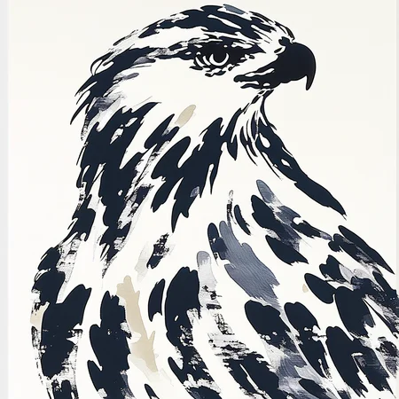 ArsMJStyle, Brushstrokes, The image shows a black and white painting of an eagle on a white background. The eagle is depicted in great detail with its wings spread wide and its head turned slightly to the side. Its feathers are detailed and its eyes are focused intently on something in the distance. The painting is a fine art print capturing the beauty of the bird in great form., monochrome, abstract, greyscale, white background, 1girl, long hair, simple background, silhouette, solo, surreal