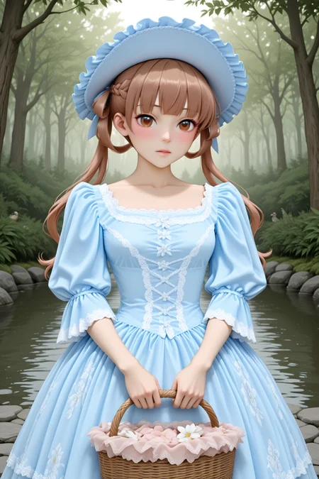 masterpiece, best quality, amazing quality, 1girl, solo, makeup, general, looking at viewer, blush, cowboy shot, forest, standing, white flower, pond, morning, lovely, bird, stone, holding basket, outdoors, <lora:Sugar_Apple_Fairy_Tale_Anne_Halford:0.8>, Sugar_Apple_Fairy_Tale_Anne_Halford, long hair, brown hair, twintails, hair ribbon, hair rings, braid, blunt bangs, brown eyes, breasts, <lora:Blue_Rococo_Style_Vintage_Masquerade_Dress:1>, Blue_Rococo_Style_Vintage_Masquerade_Dress, (white dress, blue dress), gown, long dress, blue headwear, bonnet, frills, lace trim, lace, short sleeves, puffy sleeves, floral print, <lora:wai-2Rectified-V140:1>, <lora:illustrious_noobai_epsilon_pred_1_masterpieces_v1:1>