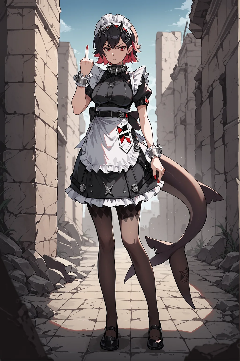 score_9, score_8_up, score_7_up, source_anime, 1girl, ellen joe, solo, hairclip, argyle pantyhose, red nails, black footwear, maid headdress, maid apron, wrist cuffs, maid dress, shark tail, spiked collar, looking at viewer, annoyed, middle finger, ruins, outdoors, depth of field, standing, full body <lora:Char-ZZZ-EllenJoe-pony-V1:0.8> <lora:Style-Expressive_H-pony:0.8>