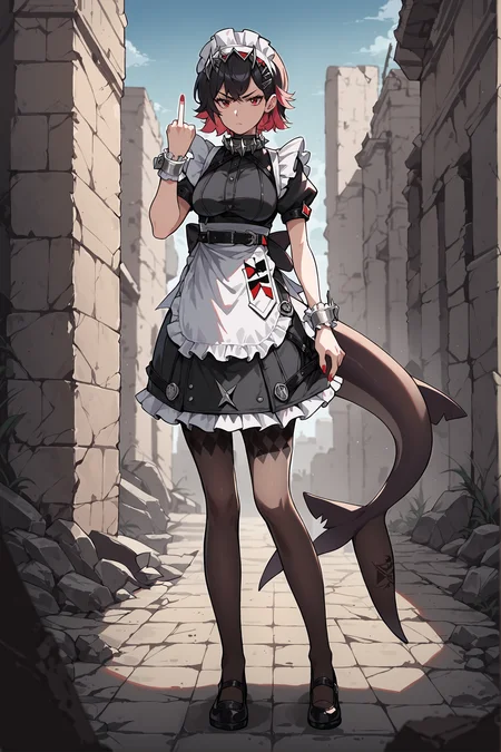 score_9, score_8_up, score_7_up, source_anime, 1girl, ellen joe, solo, hairclip, argyle pantyhose, red nails, black footwear, maid headdress, maid apron, wrist cuffs, maid dress, shark tail, spiked collar, looking at viewer, annoyed, middle finger, ruins, outdoors, depth of field, standing, full body <lora:Char-ZZZ-EllenJoe-pony-V1:0.8> <lora:Style-Expressive_H-pony:0.8>