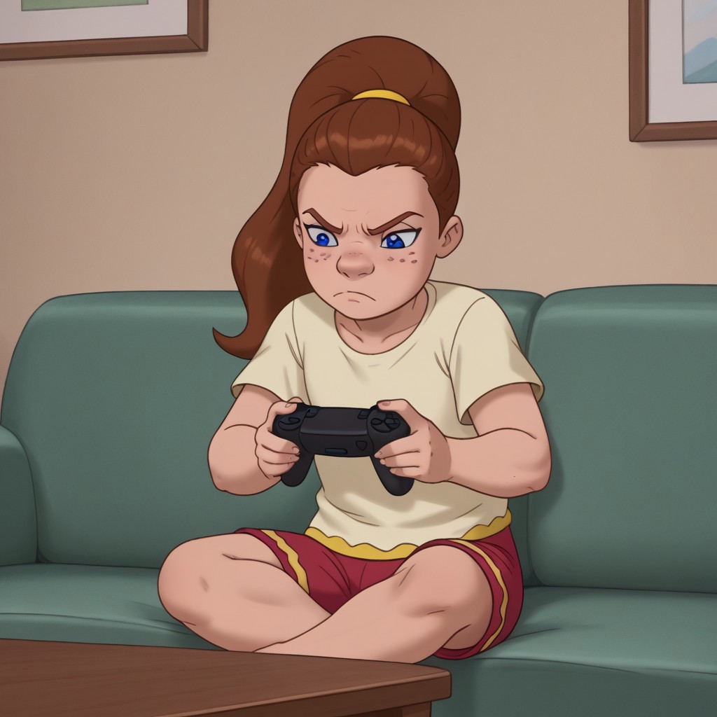 score_9, , solo, victoria_las, brown hair, ponytail, freckles, blue eyes, shirt, shorts, sitting, sofa, annoyed, game controller