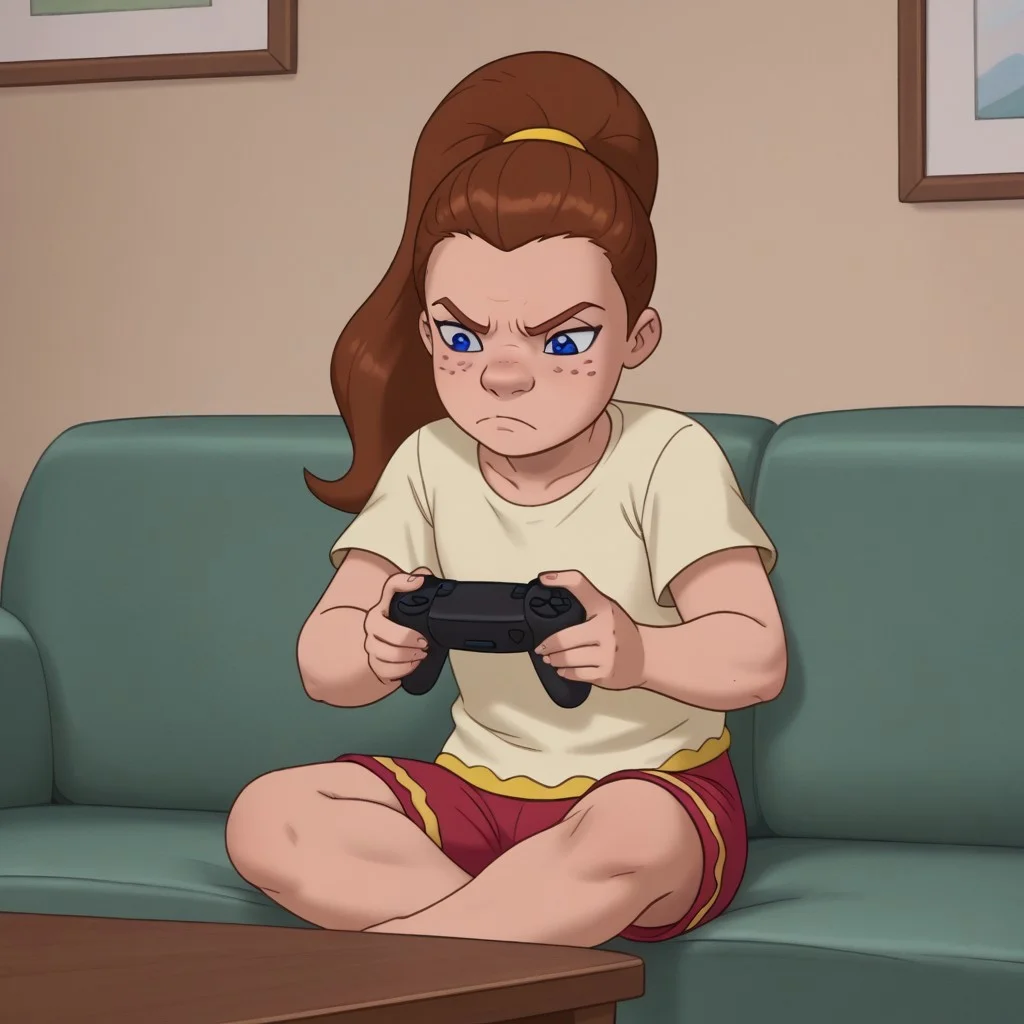 score_9, , solo, victoria_las, brown hair, ponytail, freckles, blue eyes, shirt, shorts, sitting, sofa, annoyed, game controller