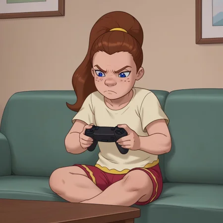 score_9, , solo, victoria_las, brown hair, ponytail, freckles, blue eyes, shirt, shorts, sitting, sofa, annoyed, game controller