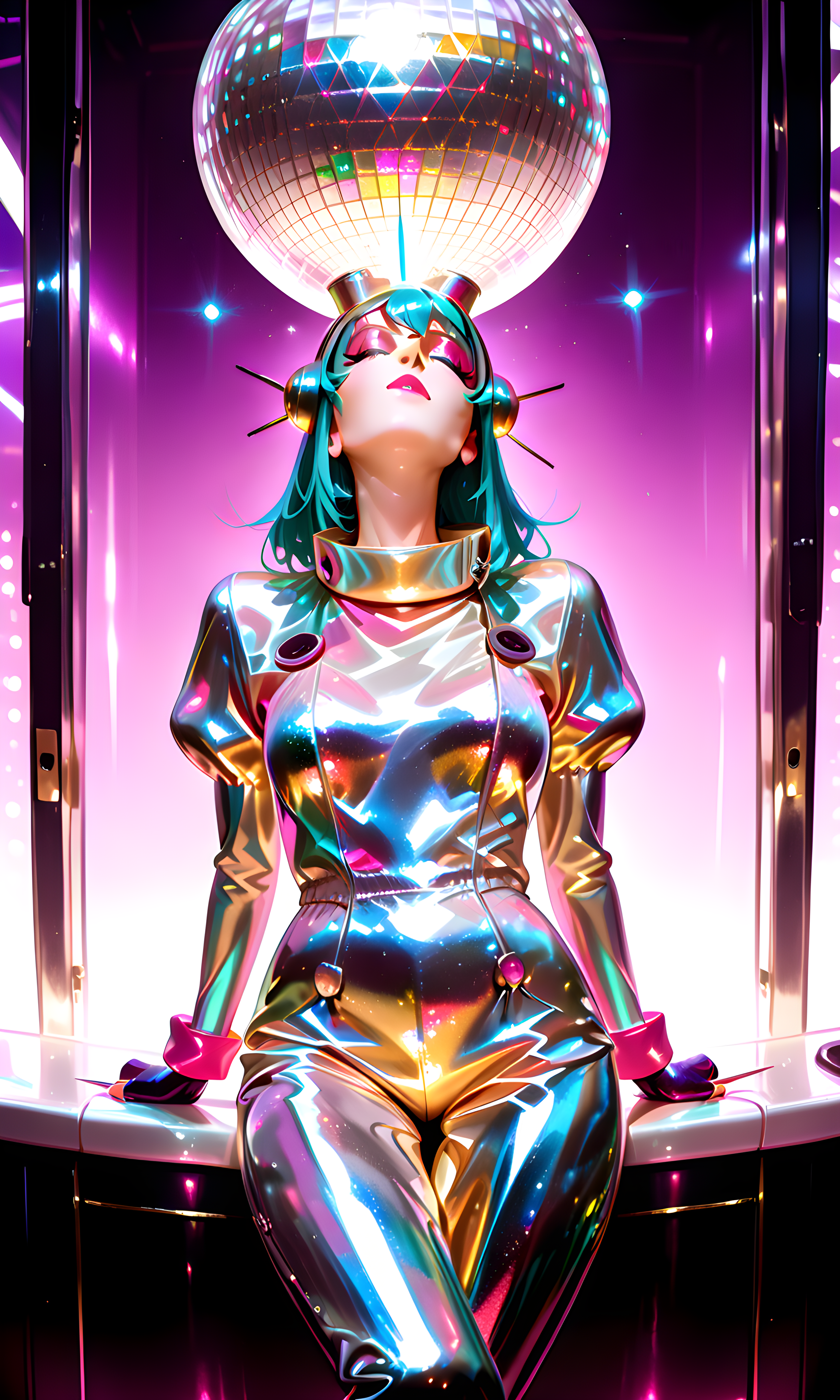 1girl, solo, metallic lamé jumpsuit with wide collar, blissed-out eyes closed mid-spin, disco ball purse and vinyl gloves, grungy nightclub bathroom with smeared mirrors, peeling nail polish and busted rings, glitter-slick lids and glossy pink lips with teased blowout, leaning back on one hand, leg crossed, relaxed stance, 8K, ultra-detailed, cinematic lighting, best, quality, masterpiece