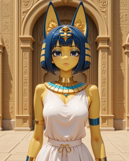 wide shot, looking at viewer, outdoors daylight, 20 year old woman
front view, passport style with upper body and waistline
  <lora:Animal_Crossing_-_Ankah_V2_000030:1> ac-ankah she is an  egyptian woman with cat ears. Blue hair in a bob cut with blunt bangs, she is a furry female with a cat tail.
wearing an elegant white linen dress with golden trim, wide jeweled collar with turquoise and lapis accents, golden armbands and bracelets, dark blue eyeliner, striped nemes headdress with gold and navy stripes