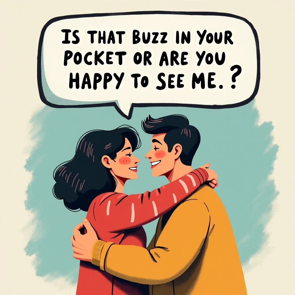 A couple hugging, speech bubble above her head with text, "Is that buzz in your pocket or are you happy to see me?".
Photo, realistic, outside