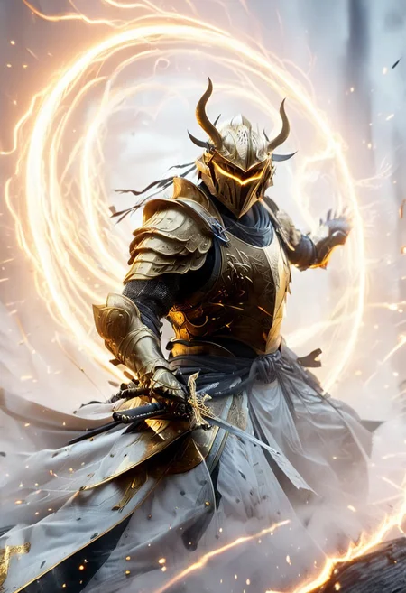 1man, armored samurai in golden samurai armor, wearing samurai helmet and armor,  golden fire, wielding dual swords:1.2, brave perspective, reflection, glowing golden fire, golden lightning shatter, , glowing sword, motion blur, emphasis line, outdoor in the darkness, looking at viewer, katanas