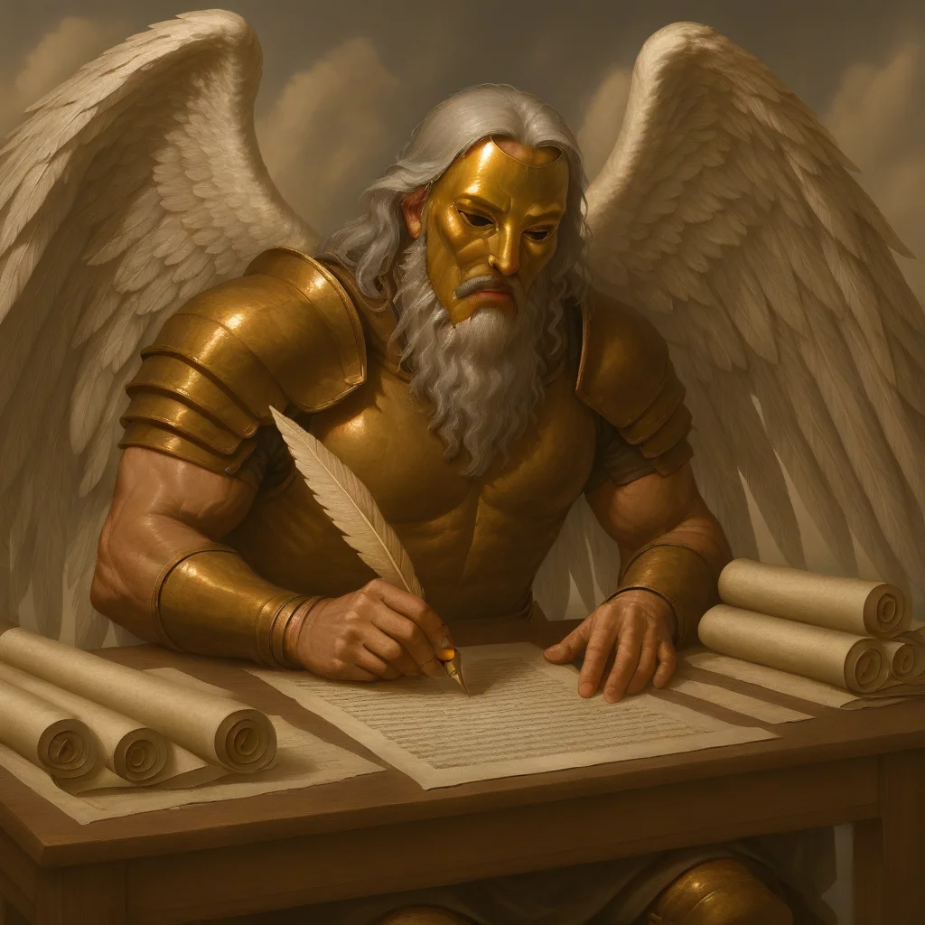 masterpiece, best quality, newest, absurdres, highres, LORV1.0-IL, 1boy, angel, angel wings, beard, armor, manly, muscular male, mask, face mask, golden mask, grey hair, facial hair, feathered wings, sitting, scroll, paper, desk,