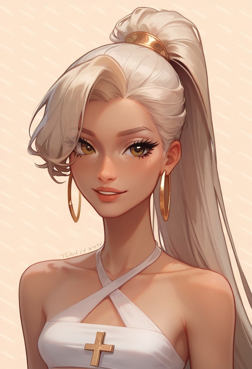 score_9,score_8_up,score_7_up, 1girl, 24yo, platinum blonde hair, very long hair, high ponytail hairstyle, hair over eyes, hoop earrings, hazel eyes, aegyo sal, eyelashes, perky breasts, cross-cross halter top, collarbone, seductive smile, simple pattern background