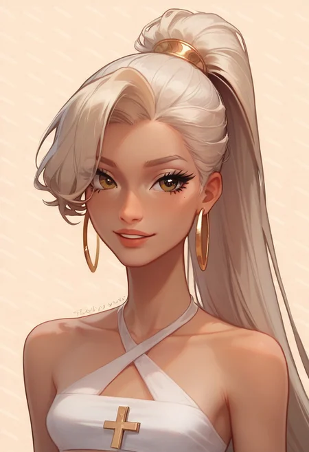 score_9,score_8_up,score_7_up, 1girl, 24yo, platinum blonde hair, very long hair, high ponytail hairstyle, hair over eyes, hoop earrings, hazel eyes, aegyo sal, eyelashes, perky breasts, cross-cross halter top, collarbone, seductive smile, simple pattern background