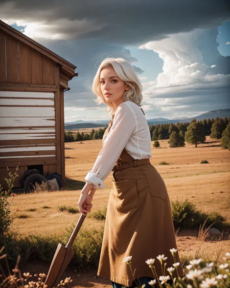 (Establishing shot:1.4), (Sn0frid_v1, white hair:1.3), medium bosom, (style of Dorothea Lange) rugged frontier homestead woman, 1800s Montana, linen blouse, long skirt, apron, practical sturdy boots, earthy tones, natural fibers, rustic charm, sepia-toned aesthetic, arid golden prairie, wooden cabin, wildflowers, cracked soil, farm tools, weathered textures, sun-dappled lighting, determined expression, confident pose, wind-tousled hair, (dramatic clouds:1.2), vast open landscape, vintage authenticity, pioneering spirit ,