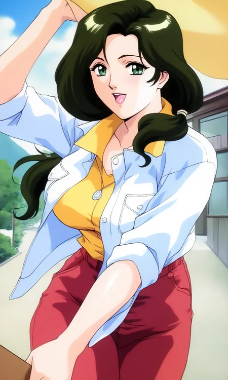 general,highres, ultra-detailed,very aesthetic,best quality ,best hands, BREAK <lora:Sakurai_Sensei_Injuu_Seisen_Ver2.0_IS:1>
Sakurai_Sensei, 1girl,solo, dark green hair, long hair, green eyes, large breasts, low ponytail, lips,smile,looking at viewer, cowboy_Shot, open mouth, closed jacket, button,
Yellow shirt, white jacket, red pants, long pants,
outdoor, day,