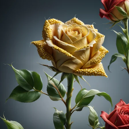 score_9, score_8_up, score_7_up, score_6_up, score_5_up, score_4_up, raw photo, photorealistic, <lora:extremely_detailed:0.25> extremely detailed,<lora:add-detail-xl:0.25>, <lora:detailed_notrigger:0.25>, <lora:MJ52:0.25> realistic, photography, <lora:sinfully_stylish_SDKL:0.25>, <lora:stvmccrr:0.25> Photography, stvmccrr style, stvmccrr, <lora:xl_more_art-full_v1:0.25>, <lora:SDXLFaeTastic2400:0.25>,
a rose stem, made of <lora:CornKernelStyle:1> Jed-CornK, corn kernels