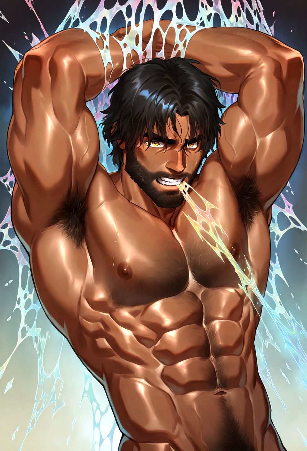 1boy,bara,muscular male,mature male,
black hair,dark skin,facial hair,beard,yellow eyes,looking at viewer,
upper body,nude,hex-net,net,arms behind head,biting blue_gem,laser,
very awa,masterpiece,best quality,absurdres,newest,perfect quality,detailed background,intricate details,
<lora:4k:1>,<lora:Jayce_Survivor:1>,