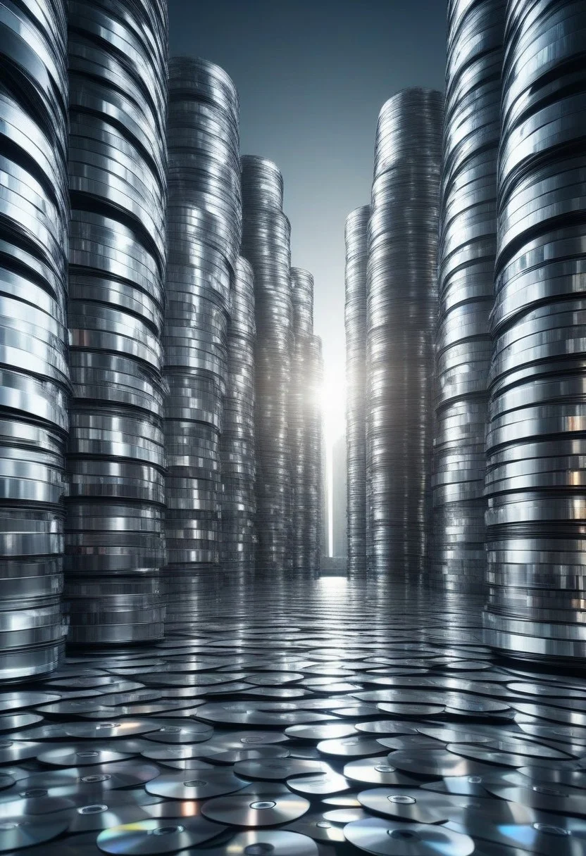 depth of field, perfect soft lighting, best shadows, perfect reflections, volumetric, detailed image, high resolution, defined faces, sharp definition, skyscrapers made of cd's,