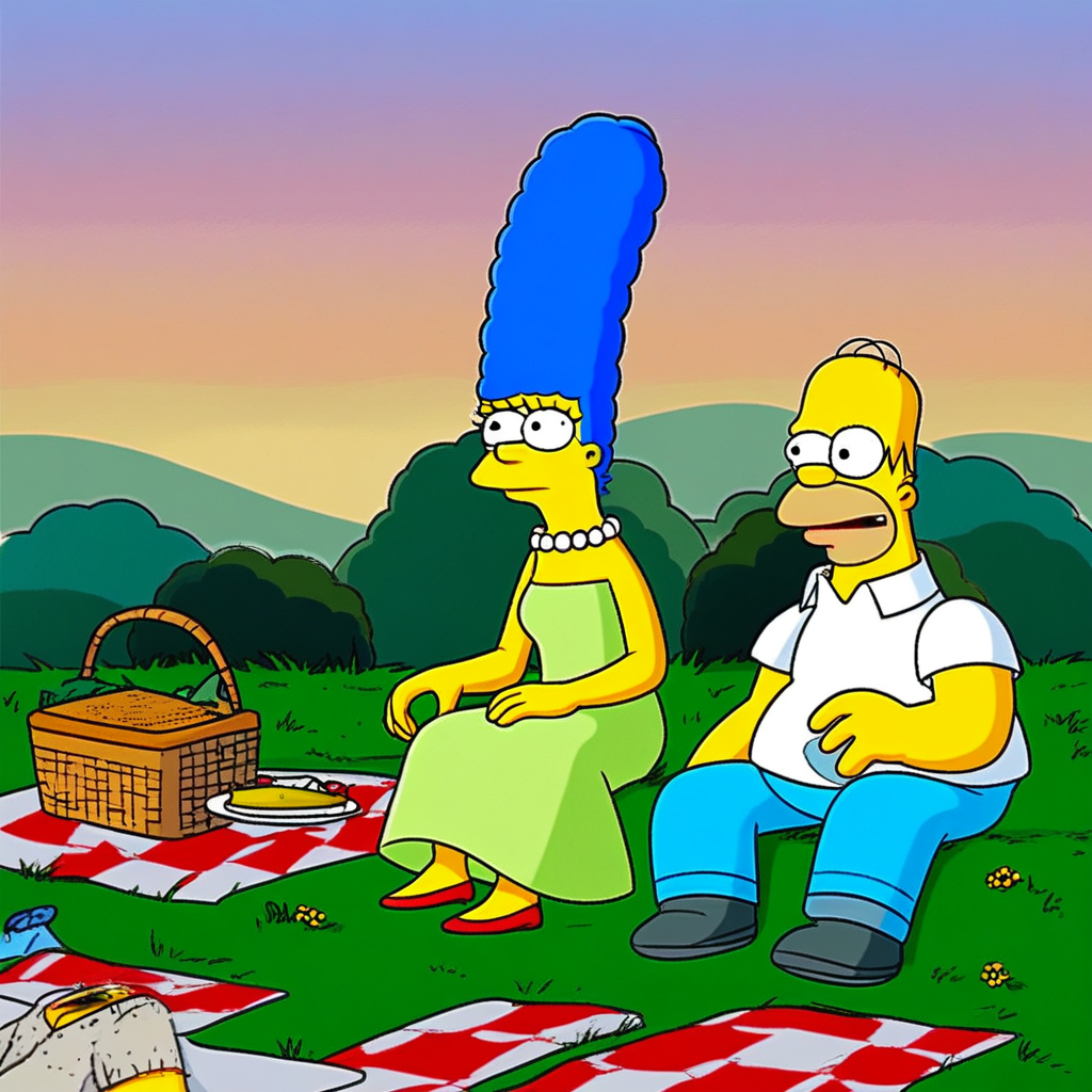 score_9, mh_together, (1girl, marge, blue hair, pearl necklace, dress), (1boy, homer, shirt, pants), sitting, grass, picnic, natural lighting