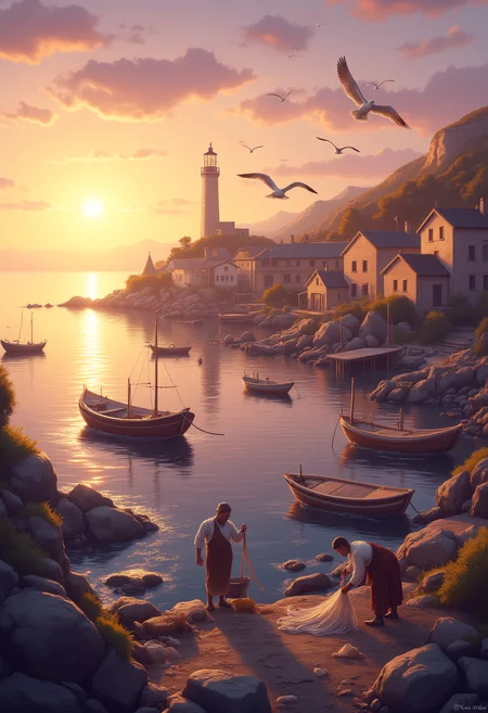 Sunset Over a Fishing Village
A serene fishing village along a rocky coastline, with small boats bobbing gently in the water. The setting sun bathes the scene in warm orange and pink hues, while seagulls circle above. Fishermen in simple clothing repair their nets on the docks, and a lighthouse stands tall in the distance. ral-watce, aidmaMJ6.1