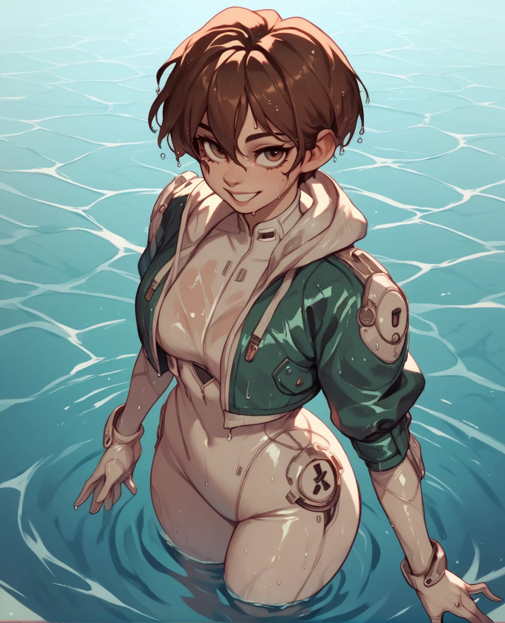 score_9,score_8_up,score_7_up,score_6_up,
Valbyxl,teal cropped jacket,white bodysuit,short hair,brown hair,smile,white gloves,
smile,looking at viewer,curvy, wet, 
water,   
<lora:Valbyxl>,