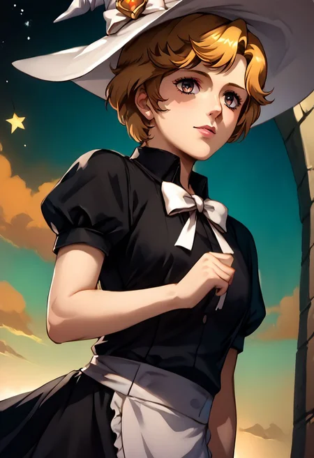 score_9, score_8_up, score_7_up, source_anime,
Frederica
hair ribbon, (best quality) , (highly detailed) ,masterpiece ,absurdres ,detailed face ,beautiful face ,(detailed eyes, deep eyes, anime eyes), 
witch hat, white ribbon, black skirt, black shirt, short sleeves, waist apron, [star \(symbol\)], cowboy shot, from behind