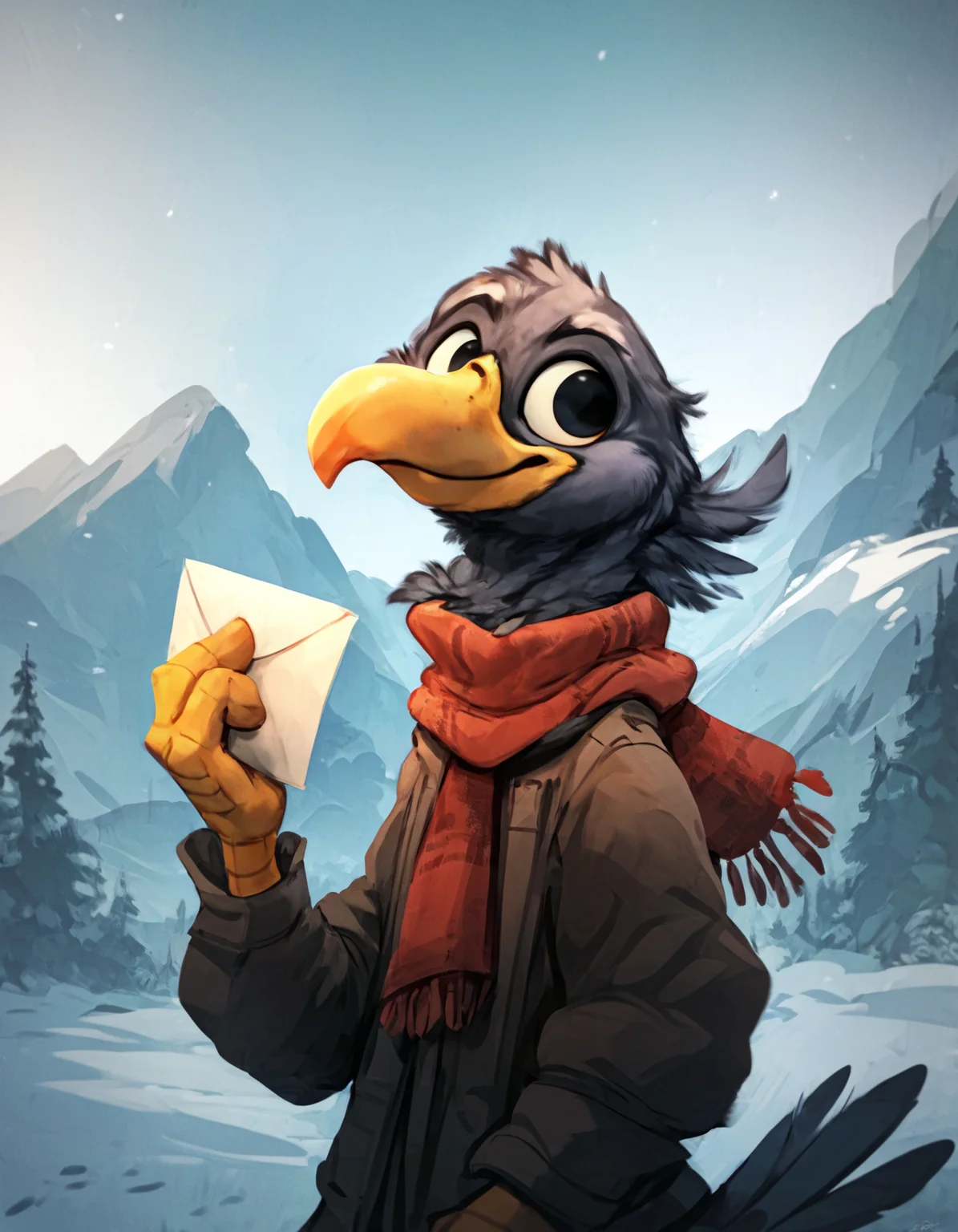 <lora:Jacato_-_Art_Style:1> Jacato <lora:Jacato_Style_Pony:0.8>
Puffin wearing a red scarf holding a letter, snowy mountains in background, black and white feathers, orange beak,, score_9, score_8_up, score_7_up, score_6_up, score_5_up,