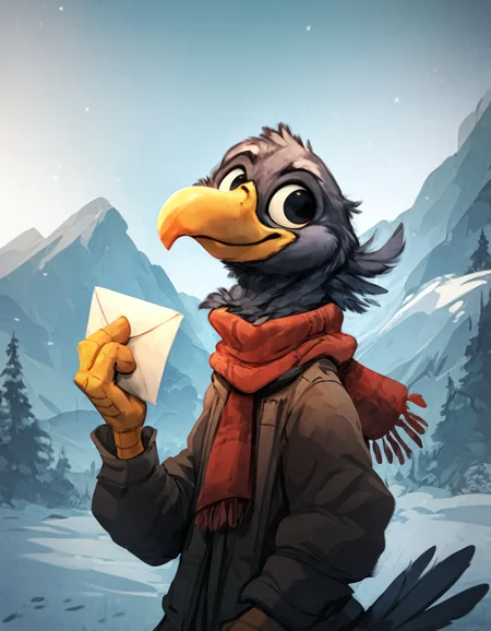 <lora:Jacato_-_Art_Style:1> Jacato <lora:Jacato_Style_Pony:0.8>
Puffin wearing a red scarf holding a letter, snowy mountains in background, black and white feathers, orange beak,, score_9, score_8_up, score_7_up, score_6_up, score_5_up,