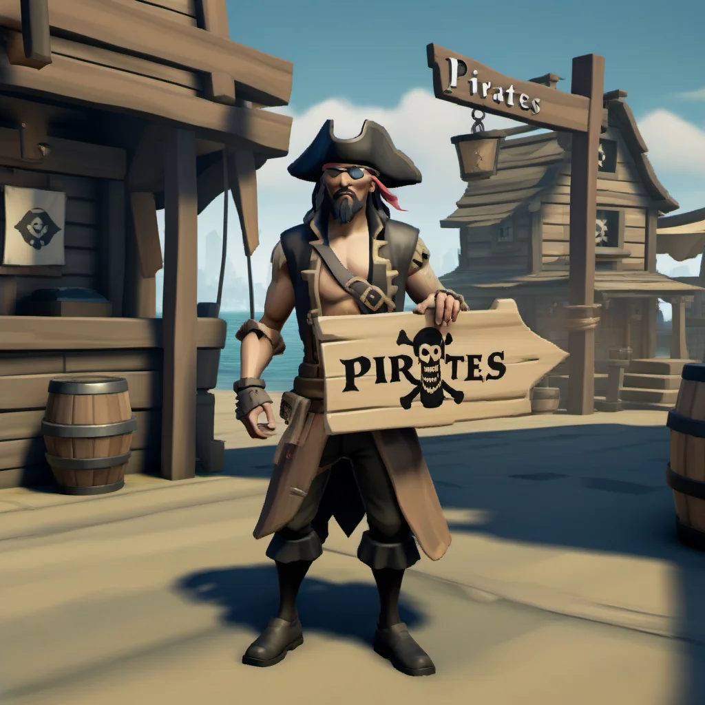 a cyberpunk pirate holding a wooden sign that says "Pirates", village background <lora:Pirates-Kytra-XL-32dim-V1:0.75> realistic shadows, realistic shadows, metal textures