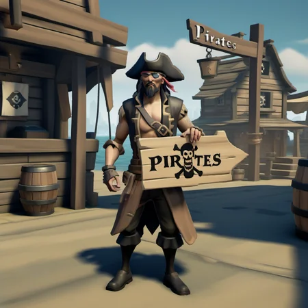a cyberpunk pirate holding a wooden sign that says "Pirates", village background <lora:Pirates-Kytra-XL-32dim-V1:0.75> realistic shadows, realistic shadows, metal textures