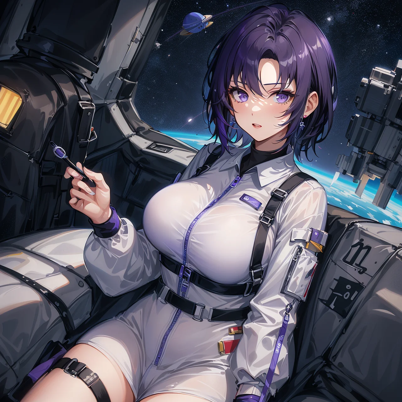 ((unparalleled masterpiece, best quality, perfect artwork)), 1girl, very messy hair, purple | dark hair, short hair, solo, (space), ((spacecraft)), (spacesuit), purple eyes, (looking at viewer,) indoors, flushed, cute, 19 years old, shy, bright lighting, big breasts,