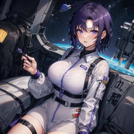 ((unparalleled masterpiece, best quality, perfect artwork)), 1girl, very messy hair, purple | dark hair, short hair, solo, (space), ((spacecraft)), (spacesuit), purple eyes, (looking at viewer,) indoors, flushed, cute, 19 years old, shy, bright lighting, big breasts,
