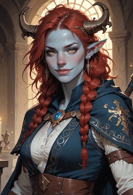 (score_9, score_8_up, score_7_up, score_6_up), (highres image, ultrares, absurdres, ultra detailed), ((zPDXL3)), Portrait, (masterpiece:1.8), face focus, detailed faces, BREAK,
1girl, dynamic character design, female focus, perfect face, perfect eyes, attractive, beautiful, barbarian, (Firbolg, furry, big nose, animal ears, blue skin) curved ram horns, large horns, (long red hair), braided hair, multiple braids, perfect body, hourglass figure, large breasts, wide hips, tiny waist, smirk,
BREAK
(Barbarian Furs), (Leather), (Boots), (Cloak)
BREAK
Detailed Background, Fantasy Tavern, Dramatic Lights, Concept Art, Expressiveh, (Firbolg, furry, big nose, animal ears), concept art, realistic, 4kFacePonyXL