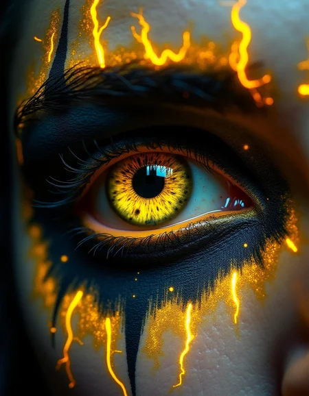 A hyper-detailed close-up of a human eye with the iris and pupil transformed into an abstract galaxy with a high-contrast yellow and black theme. The swirling pupil features deep blacks and vibrant yellows, with dynamic lightning bolts arcing through the galaxy, creating a sense of intense energy and movement. Surrounding the eye, stylized makeup in bold black and bright yellow mirrors the lightning, with sharp, jagged lines that radiate outward like electricity. The atmosphere is dark and moody, charged with a sense of power and mystery, while the face fades into deep shadow, drawing all focus to the electrifying eye.